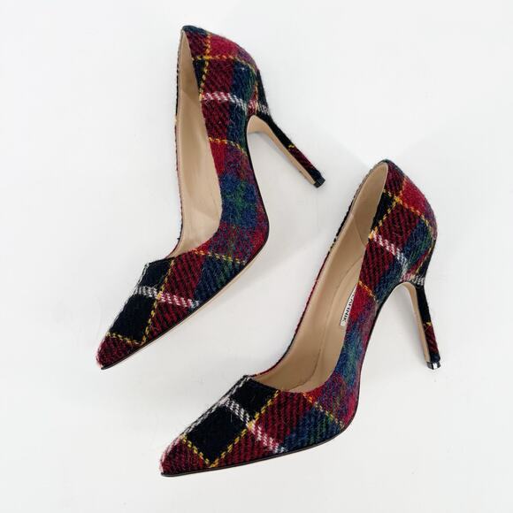 Manolo Blahnik Multicolor Check Tartan Wool BB Pointed Toe Stiletto Pumps IT 37 - Picture 5 of 12